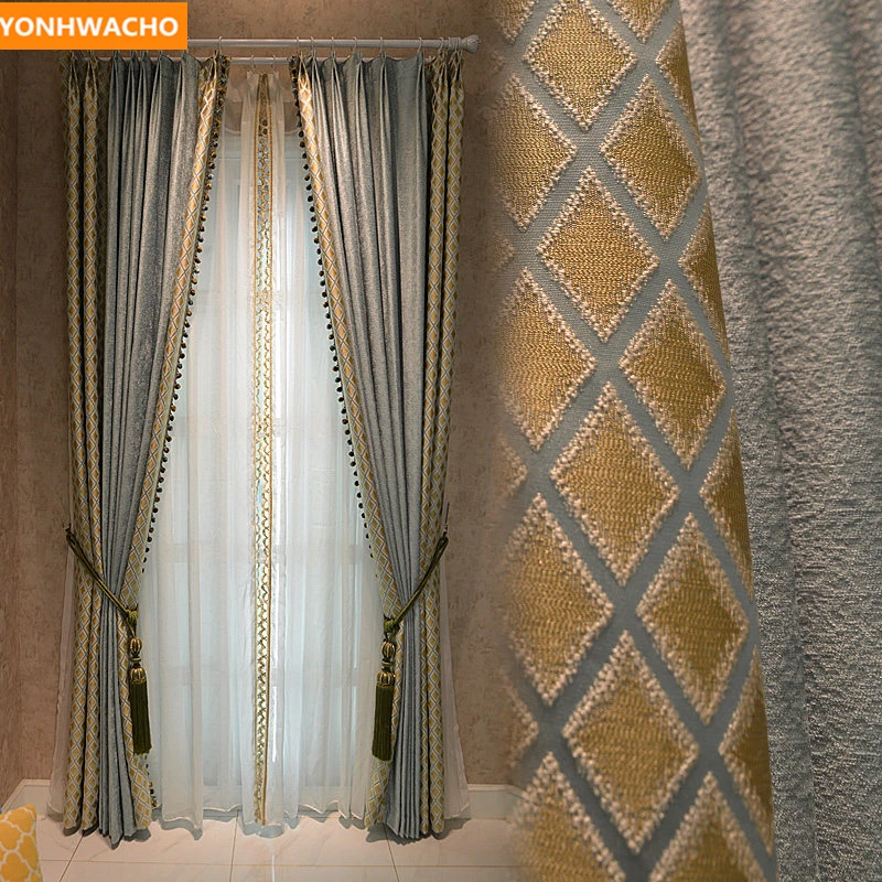 

Custom curtains high-quality Light luxury Nordic simple modern bedroom chenille grey cloth blackout curtain tulle drapes N861