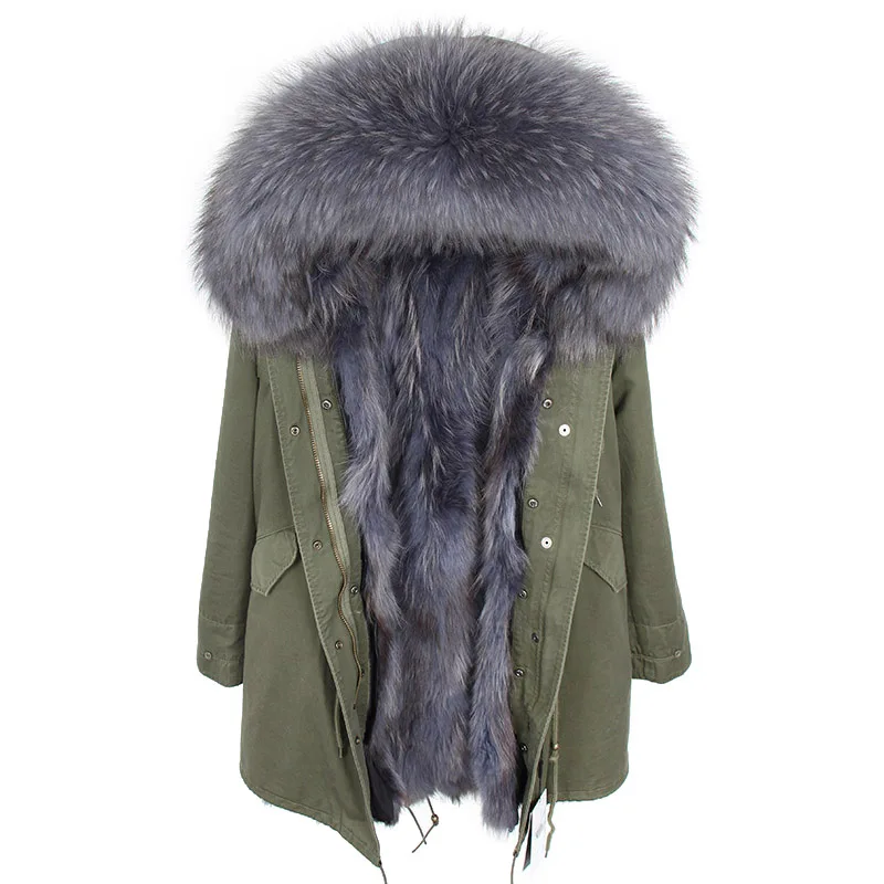 Куртка с подкладкой из натурального меха енота, пальто с большим воротником из меха енота, черная, серая парка, плотное теплое пальто - Цвет: D3-11