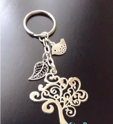 

Hot Vintage Silver Tree of life Charm Bird&Leaf Keychain Ring For Keys Car Key Ring Couple Key Chain Jewelry Accessories B76