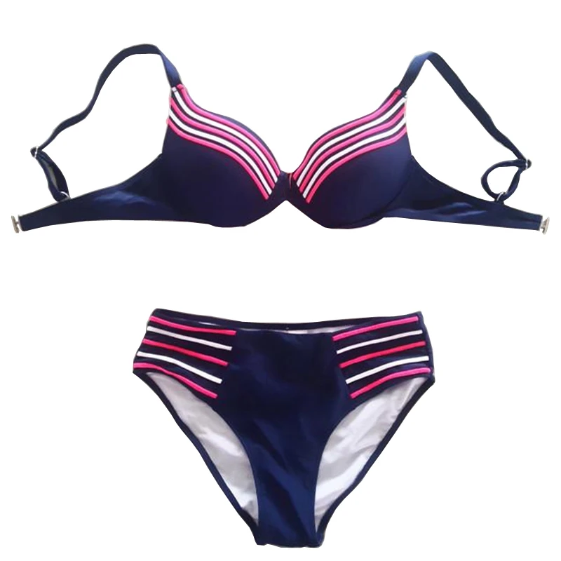

2019 Solid Color Sexy Brand Bikini Sets Push Up Swimwear Women Padded Swimsuit Contrast Striped Summer Beachwear Suits plus Size