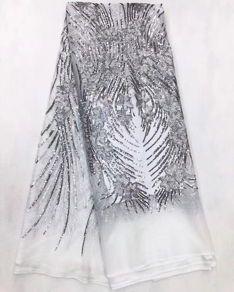 

(5yards/pc) 2019 newest African French net lace white and silver sequins lace fabric for attractive party dress FNS155