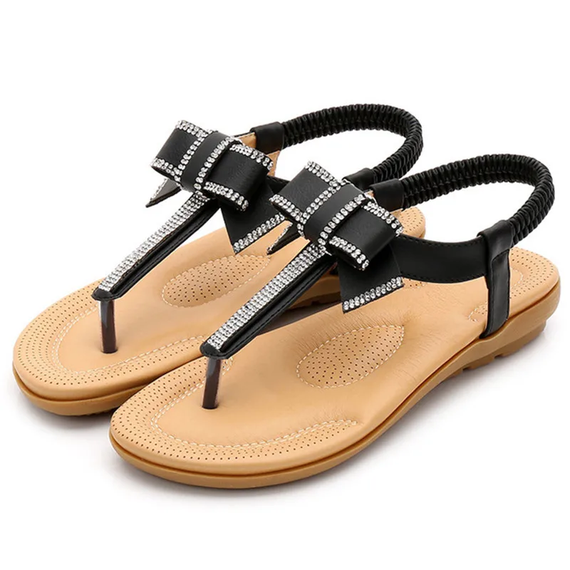BEYARNESummer/Новые модные сандалии с бантом женская обувь со стразами и эластичной лентой богемные сандалии на плоской подошве Размеры 35-41e548