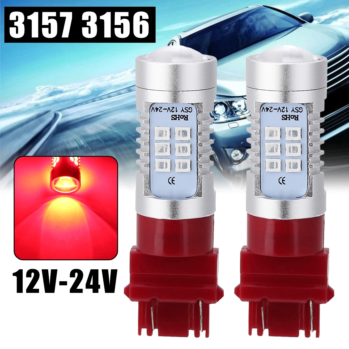 

2pcs Red Car Tail Brake Light 3157 3156 21 LED 12V-24V Non-Polarity Tail Brake Stop Light Bulb For All Cars