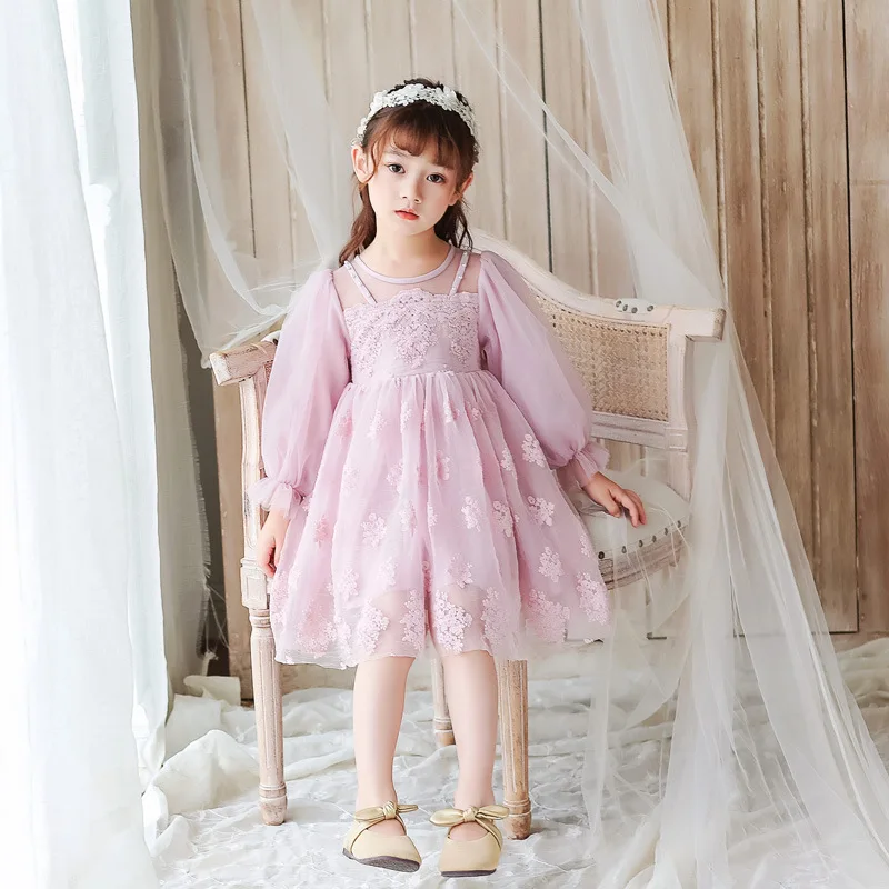 

Autumn fashion girls princess dress lace tulle embroidery flower cute party clothes long sleeve kids dresses baby frock cute