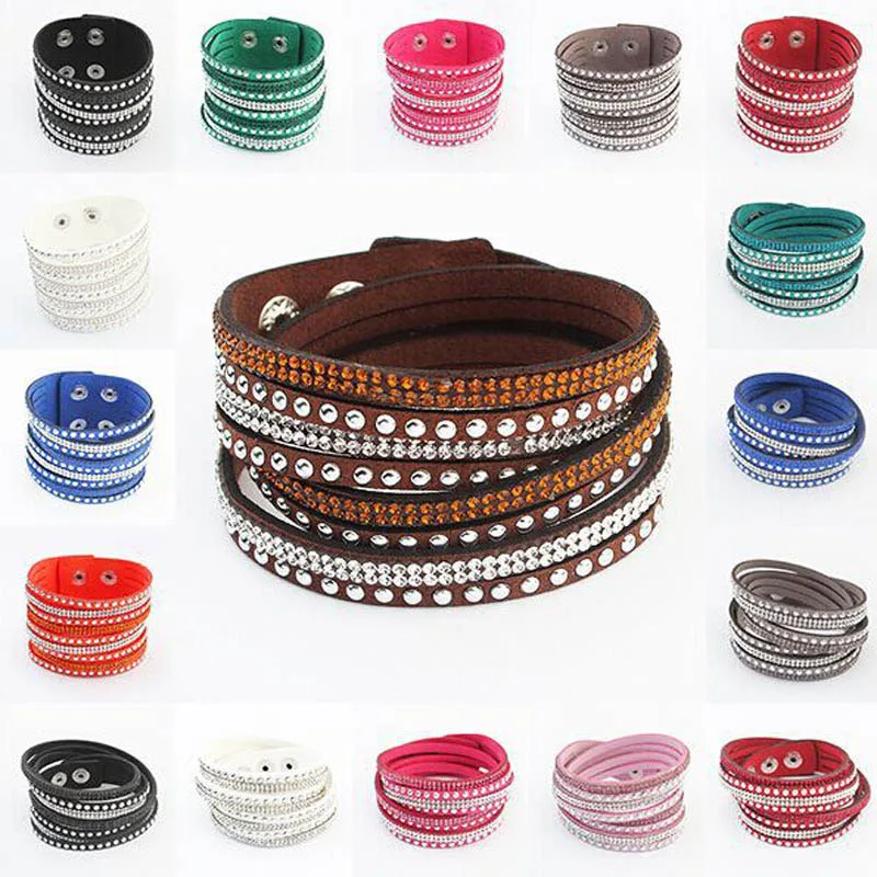 

Multilayer Crystal Wrap Cuff Bracelets Femme Leather Charm Bracelet Female Wristband Snap Button Pulseras Mulher Jewelry 40cm