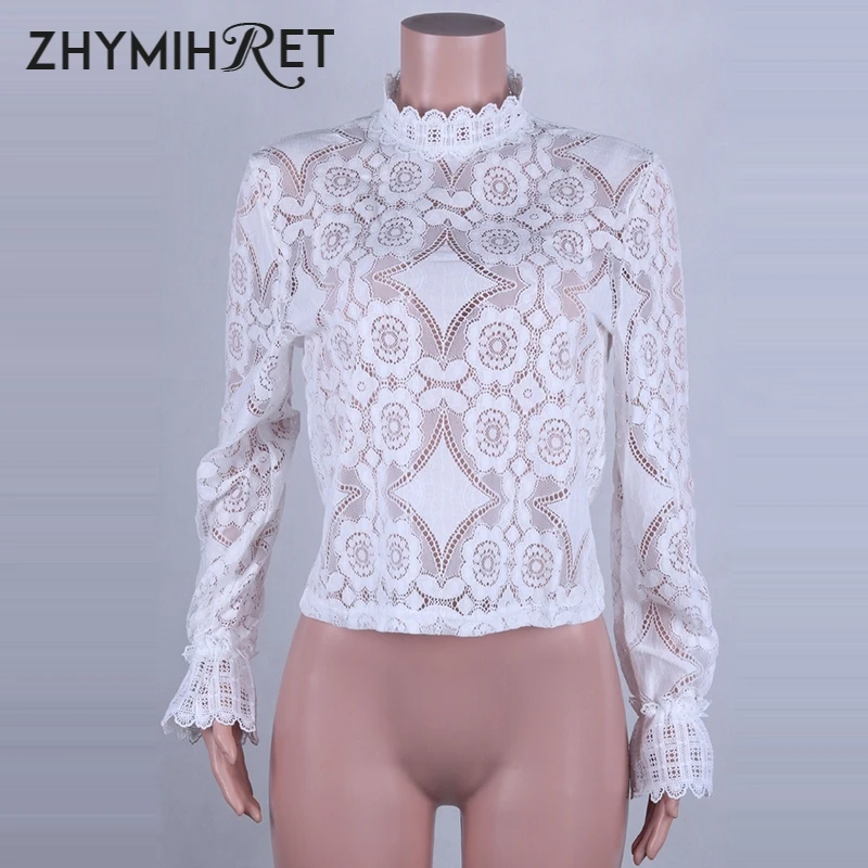 Женские кружевные топы и блузки zhymifret ажурные Блузы с длинным рукавом ложным