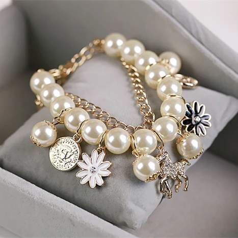 2018 New Korean Fashion Multilayer Simulated Pearl Beaded Bracelet Crystal Horse Flower Charm Bangle Bracelets For Women Jewelry