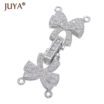 

Luxury CZ Rhinestone Double Bowknot Clasps Connectors Fit For Hand Made DIY Multi-Strand Pearls Necklace Bracelet Accessories