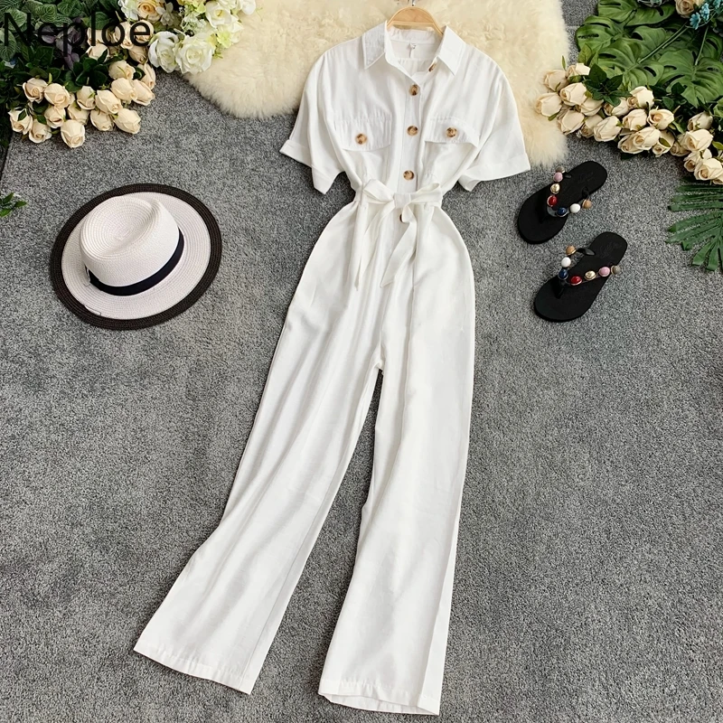 

Neploe Single Breasted Women Jumpsuits Summer 2019 Stand Collar Short Sleeve Playsuits Fashion Drawstring Sashes Bodysuit 44483