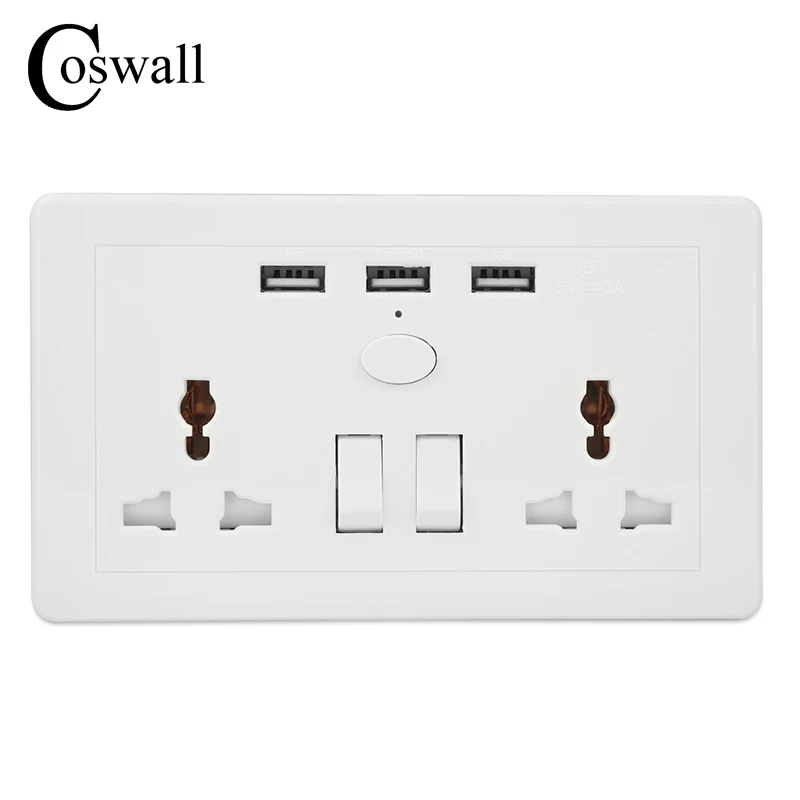 

COSWALL UK Standard Switched Universal Wall Socket 3 USB Charging Port For Mobile Output 5V 3000mA Power Outlet AC 110~250V