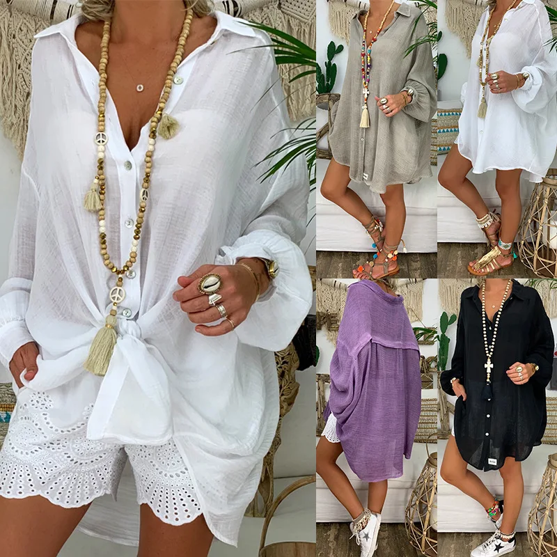 Plus Size Linen Shirt Women White Button Down for Long Sleeve Loose Casual Cotton Blouse Tops Korean Woman Clothes | Женская одежда