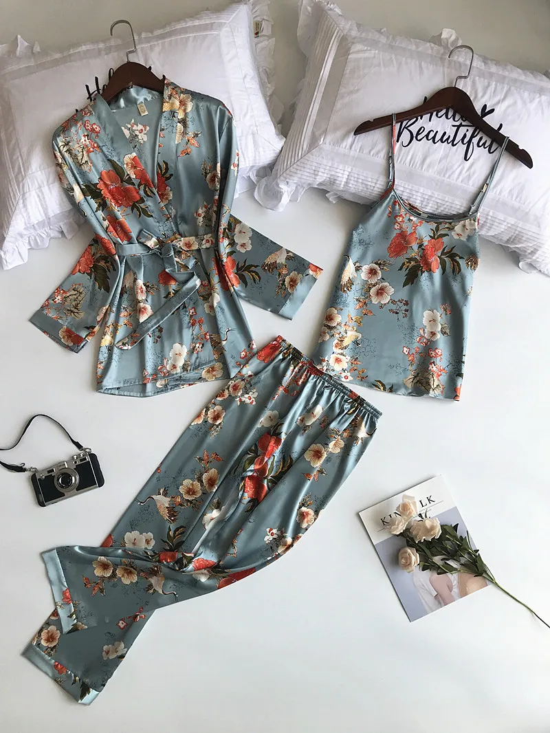 

2019 New 3 PCS Women Pajamas Sets with Pants Sexy Pyjama Satin Flower Print Nightwear Silk