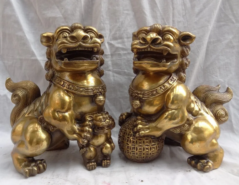 

8" Chinese Brass FengShui Animals Wealth Foo Fu Dog Lion Ball PiXiu Statue Pair