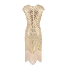 Платье Грейт Гэтсби 1920 s, винтажный стиль, украшенный пайетками, с бахромой, рукав, миди, вечерние, арт-деко, двойное платье, аксессуары