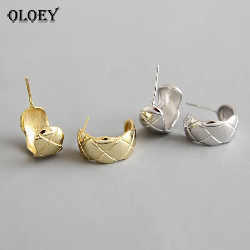 

OLOEY Real 925 Sterling Silver Stud Earrings For Women Simple Cool Lozenge Lattice Pattern Korean Fine Party Jewelry Gift YME457