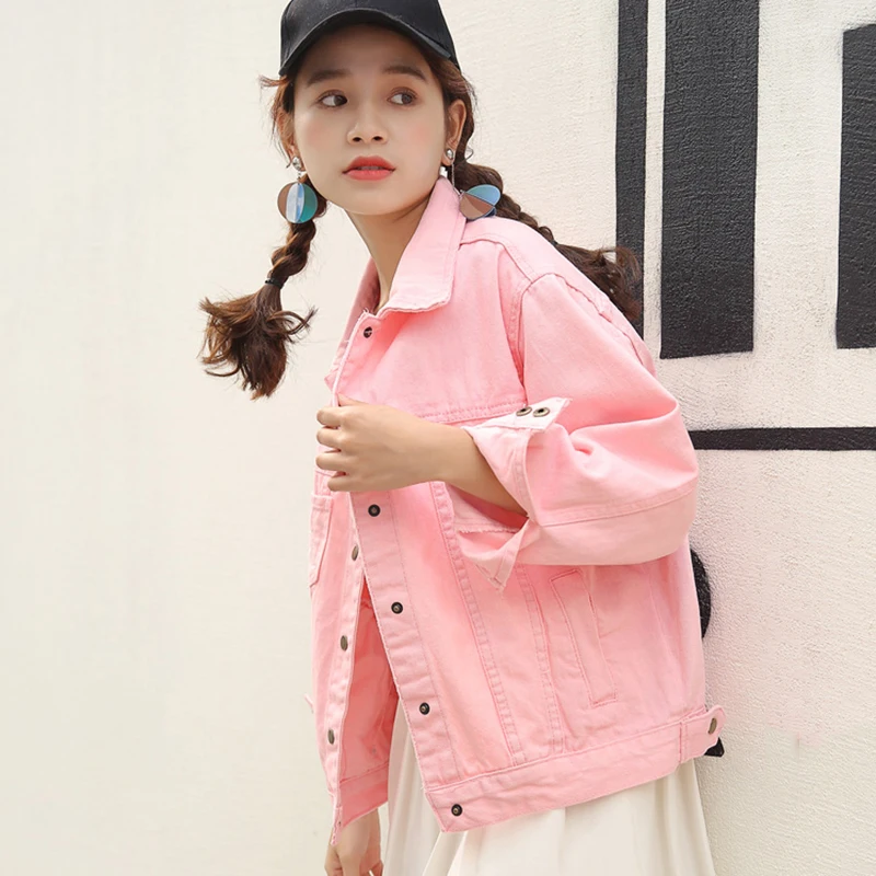 

Letter Embroidery Denim Jacket Women Oversized Coats Long Sleeve Jean Jackets Spring Autumn Abrigo Mujer Pink White Black Jacket