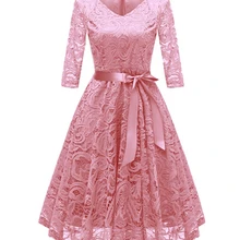 Женские Летние Элегантные розовые кружевные винтажные платья с v-образным вырезом и рукавом 3/4, тонкие сексуальные вечерние платья в стиле рокабилли