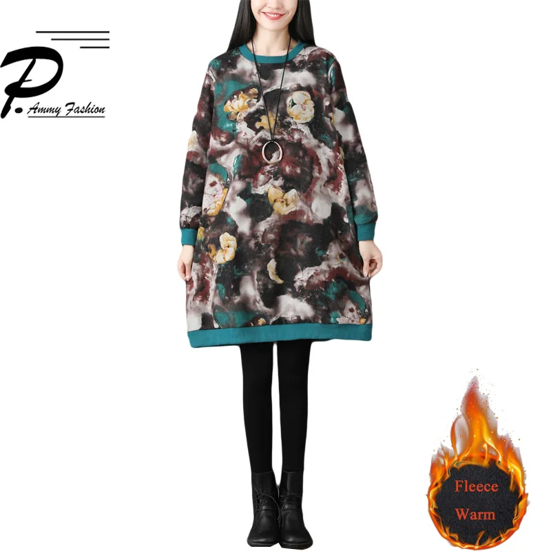 

Large size Fleece Lining Thicken Warm Loose Dress 2018 Women Plus Size Long Sleeve O-Neck Knee-Length Floral Print Pullover Hot