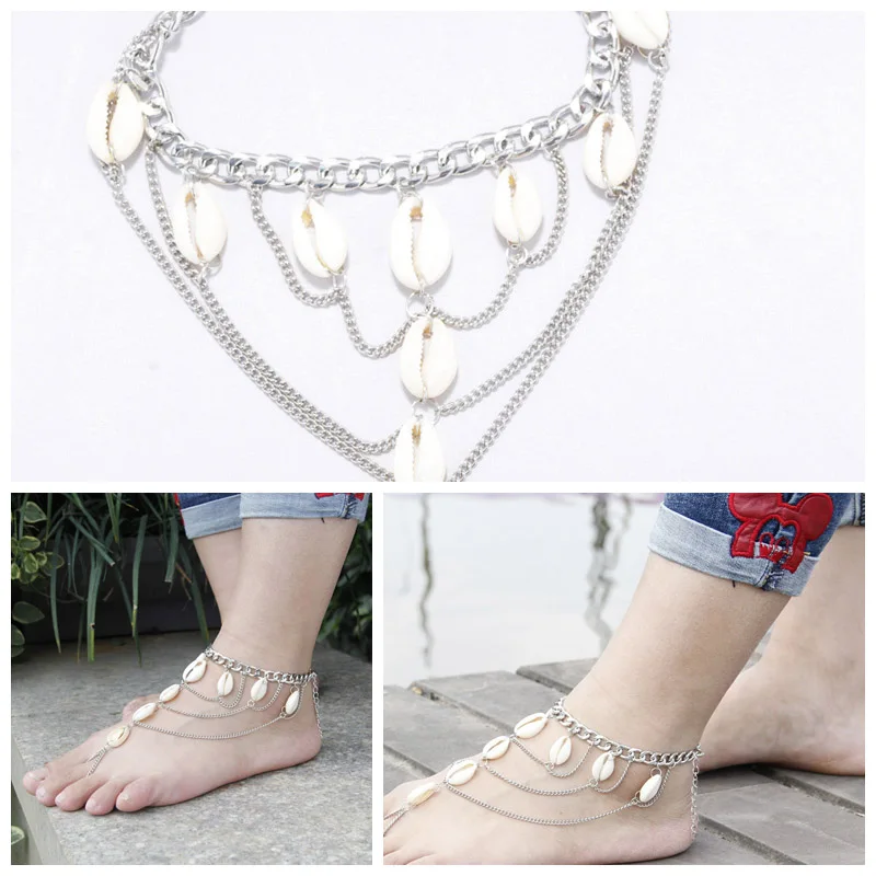 1PC Ladies Multilayer Tassel Anklet Chain Bracelet Foot Jewelry with Shell Decor