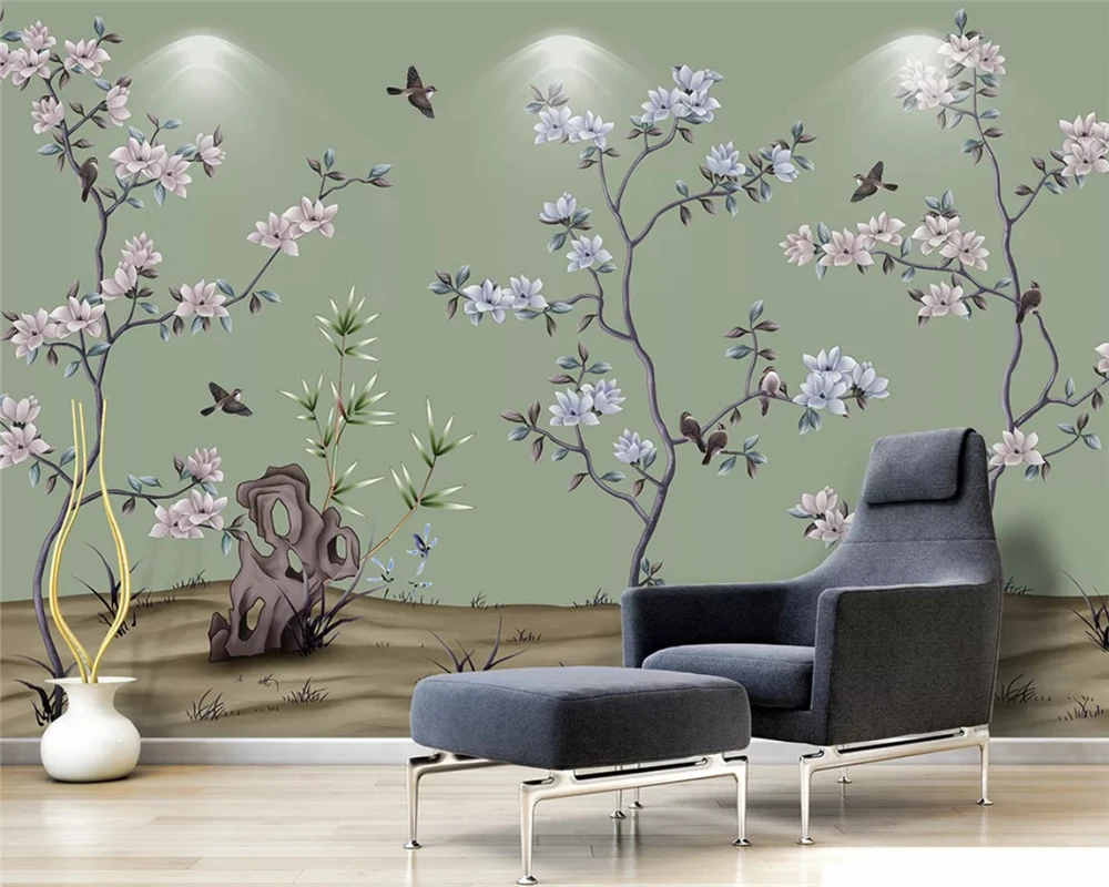 

beibehang Custom silky new Chinese wallpaper hand-painted magnolia bird background decorative painting wall papers home decor