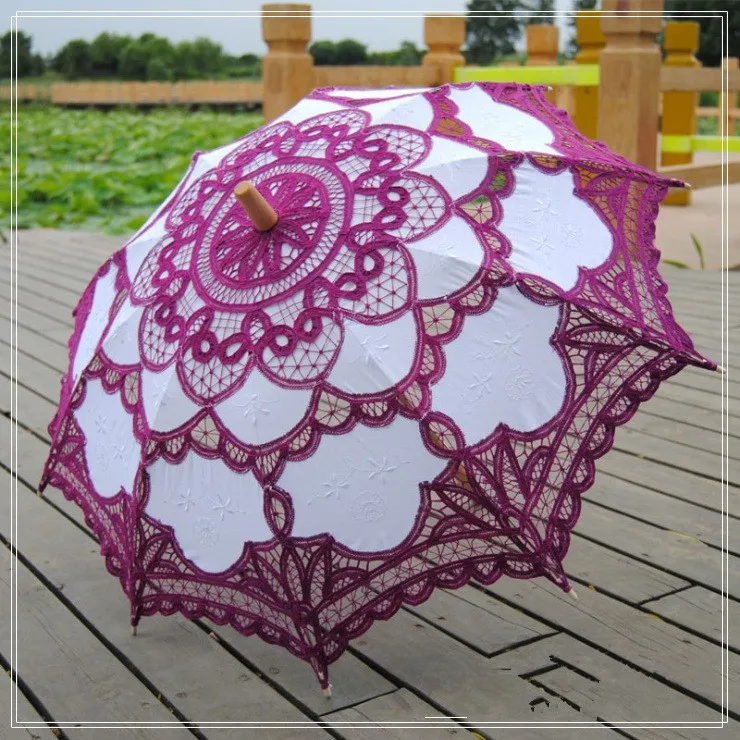 Элегантный хлопковый кружевной зонтик с вышивкой, открытый летний зонтик от солнца для украшения свадьбы, фотографии, Свадебный зонтик для подружки невесты - Цвет: Фиолетовый