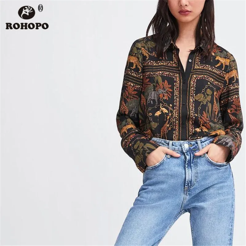 

ROHOPO Women Long Sleeve Animals Blouse Vintage Printed Buttons Fly Retro Black Slim Body Top Shirt #