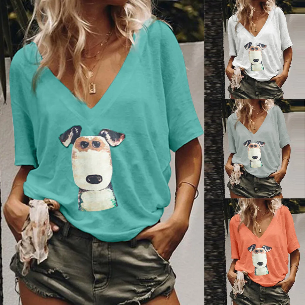 

New Tshirt Women Casual Plus Size V-Neck Dog Printed Loose Tunic T-shirt Tops Harajuku Camiseta Mujer Top Women T Shirt Camisas