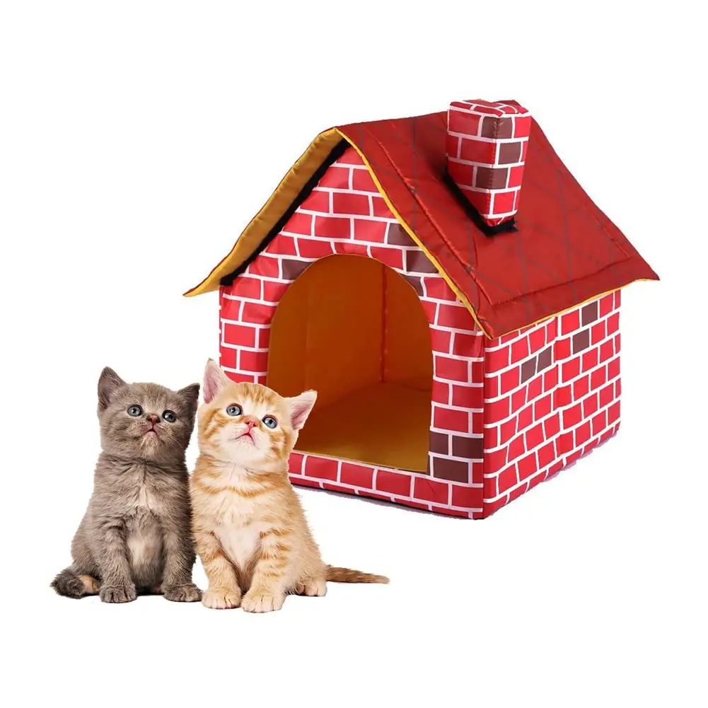 Removable Washable Red Brick Pet House Dog Bed Single Room Chimney