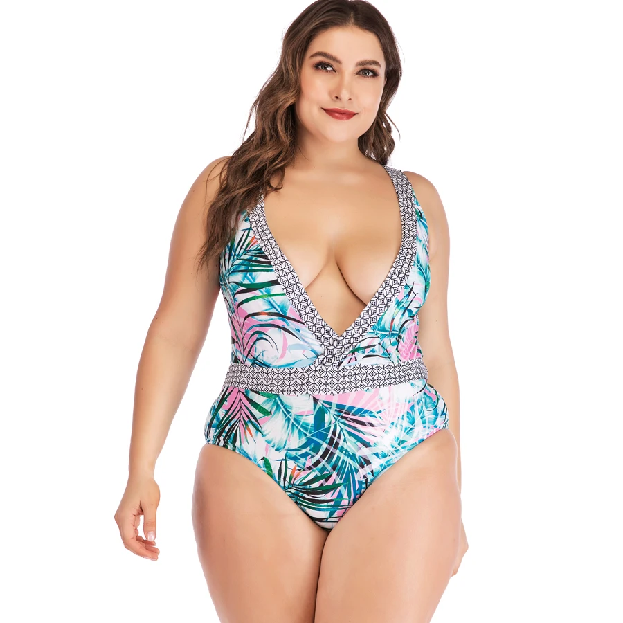 Plus Size 6xl Women One Piece High Waist Bikini Swimsuit Swimwear Multicolor Brazilian V Neck