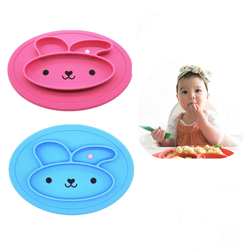 ideacherry Baby Dishes Silicone Infant Bowls Plate Tableware Kids Food Holder Tray Cartoon Rabbit Food Placemat for Baby Feeding