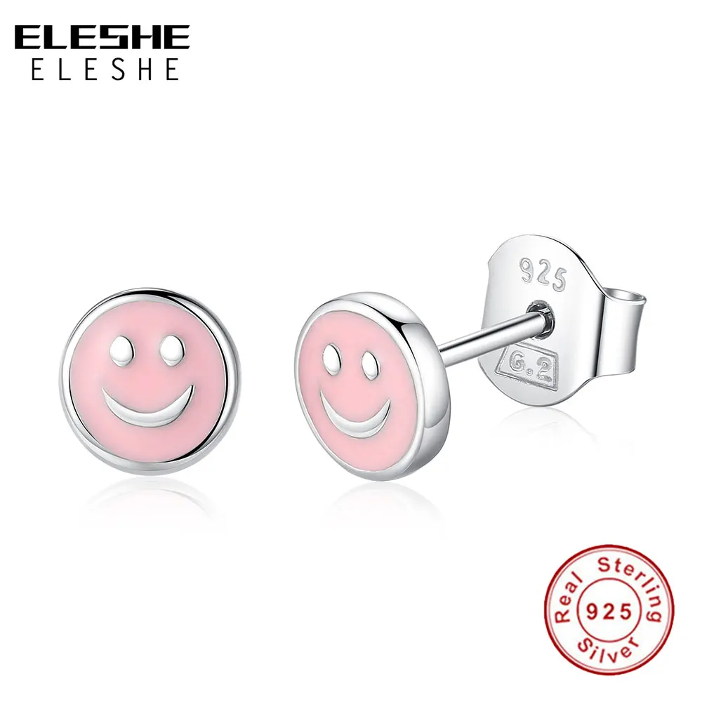 ELESHE, новая мода, Розовая эмаль, милые серьги в виде лица, ювелирные изделия, настоящее 925 пробы, серебряные серьги-гвоздики для женщин, девочек, детей