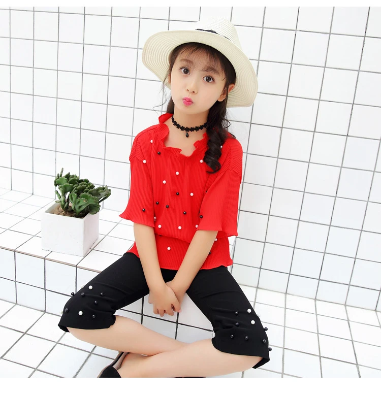 chiffon beading teenage little girls clothes 2pcs suit children girls clothing sets red blouses white black pants girls set 2018 (2).jpg