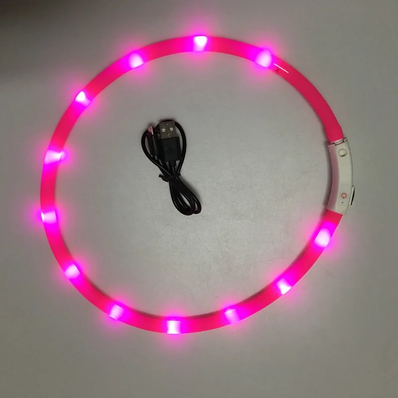Светодиодный регулируемый ошейник для собак, кошек, светящийся в темноте ошейник, перезаряжаемое через USB ожерелье, безопасный силиконовый ошейник для маленьких и средних питомцев - Цвет: Розовый