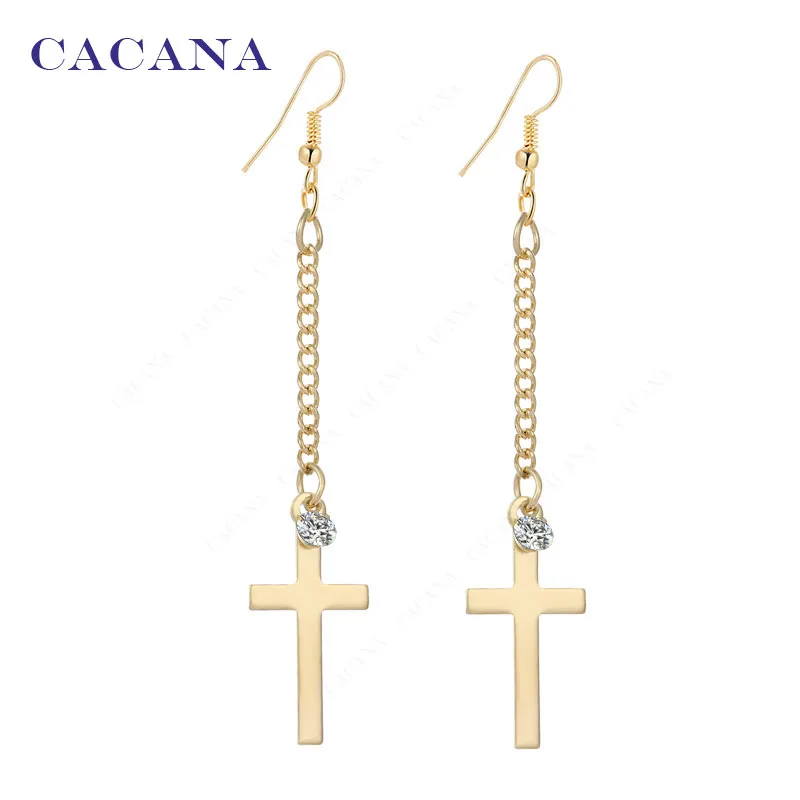 2016 new CACANA gold plated dangle long earrings for women top quality cross with a CZ diamond bijouterie hot sale No.A199 A200