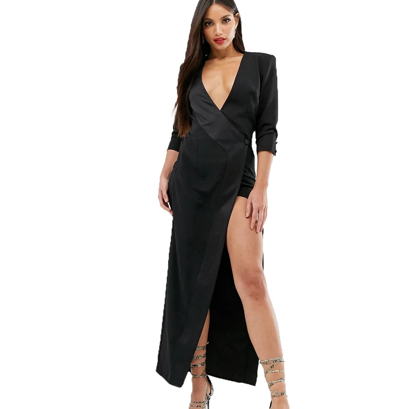 

MINSUNDA Black Sexy One Button Side Split Club Dress Women Deep V Neck Wrap Maxi Dresses Ladies Three Quarter Sleeve Party Dress