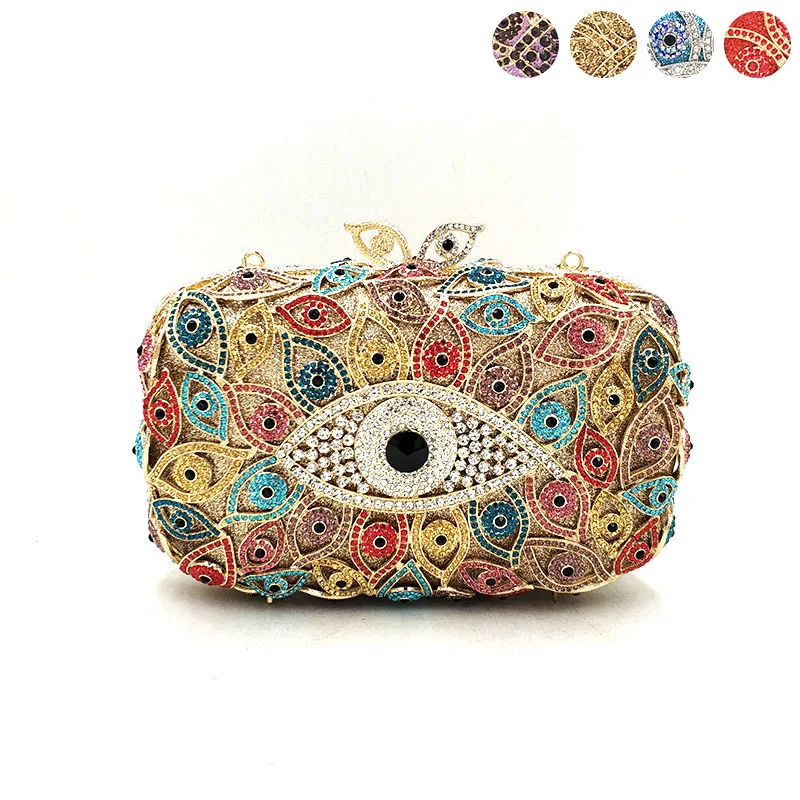 

New Elegant women evening party big evil eye diamonds luxury clutches vintage pattern crystal purses Bridal wedding party purses
