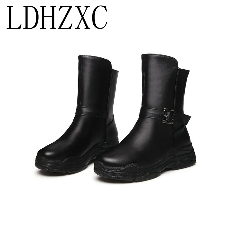 

LDHZXC Fashion Women Mid-calf Boots Witer Snow Boots Slip on Round Toe Wedges Heel Pu Leather Women Boots Size 34-43