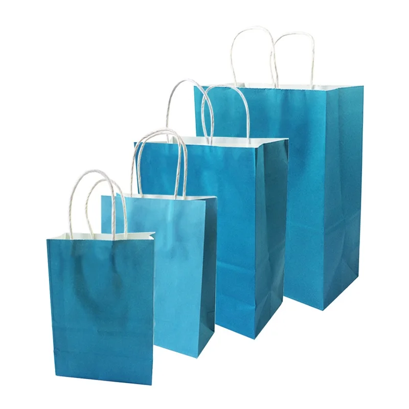 

10 Pcs/lot Festival Gift Kraft Bag Blue Shopping Bags DIY Multifunction Recyclable Paper Bag With Handles 4 Size Optional