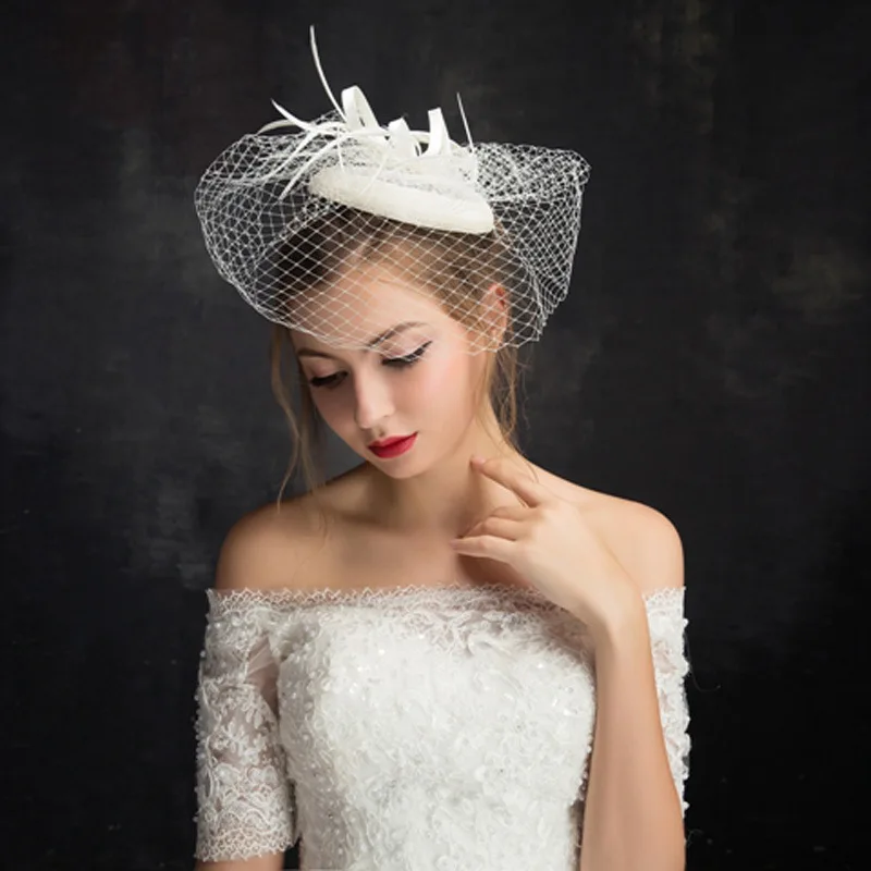 

New Arrival Women Wedding Hats Ivory Linen Mesh Birdcage Veil Vintage Bride Bridal Hat Chapeau Mariage Hair Accessories 05527