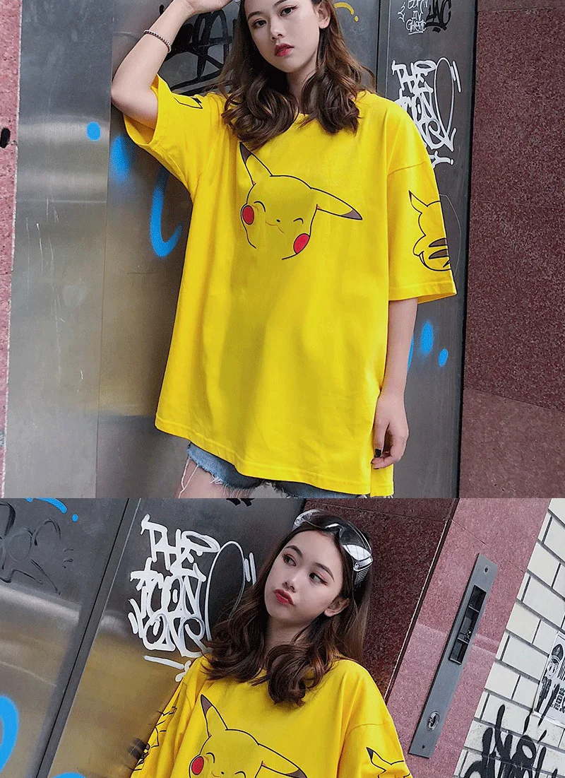 Весенне-летняя футболка женская одежда корейский Ulzzang Harajuku Хип-Хоп футболка для девочек короткий рукав кавайная футболка Пикачу Топ