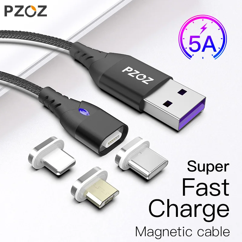 PZOZ 5A كابل مغناطيسي المصغّر usb نوع C سوبر سريع شحن الهاتف سلك Microusb نوع-C المغناطيس شاحن usb c ل iphone huawei xiaomi