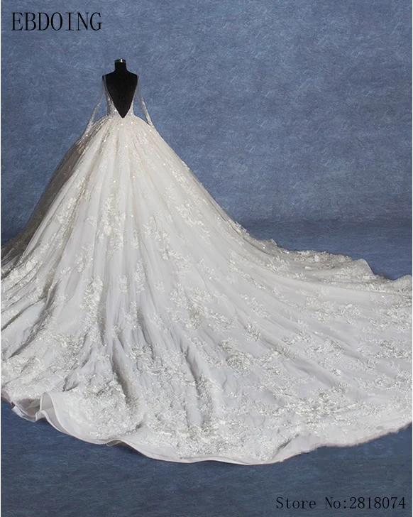 Настоящая фотография Vestidos De Novia бальное свадебное платье с глубоким декольте полный рукав Королевский Шлейф размера плюс кружева невесты