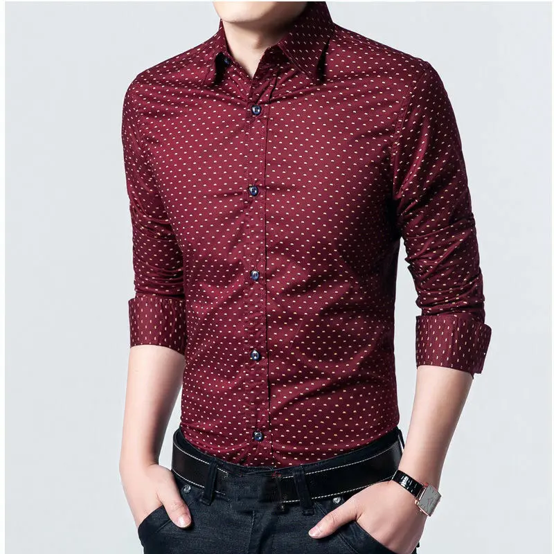 Camisa Masculina, новая мода, повседневные волнистые мужские рубашки с длинным рукавом, приталенная Мужская рубашка, мужские рубашки, мужская одежда - Цвет: Красный