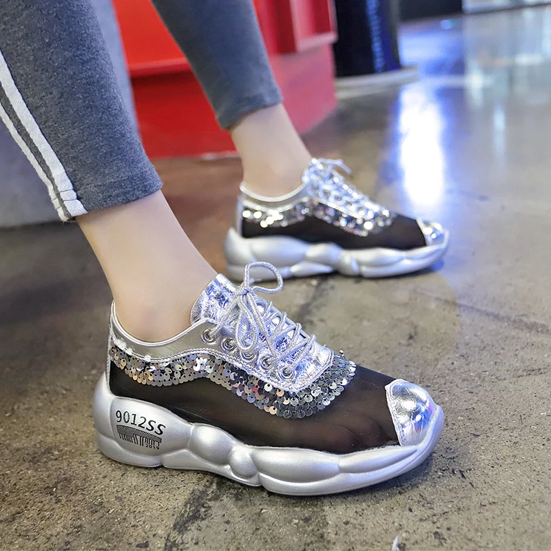 

Trendy Black White Glitter Mesh Sneakers Women Summer Platform Shoes Ladies Translucent Street Sneakers Female Chunky Trainers