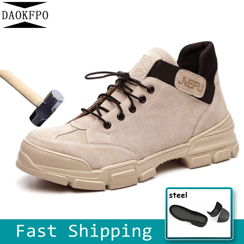 

DAOKFPO New 100% Cow Leather Men's Safety Shoes Steel Toe Cover and Puncture-proof Sole Beige Black Gray Upper Big Size 36-46