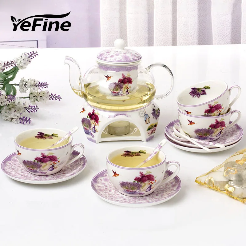 

YeFine Lavender Flower Tea Set Heatable Glass Teapot Bone China Cups And Saucers Porcelain Base Ceramic Advanced Gift