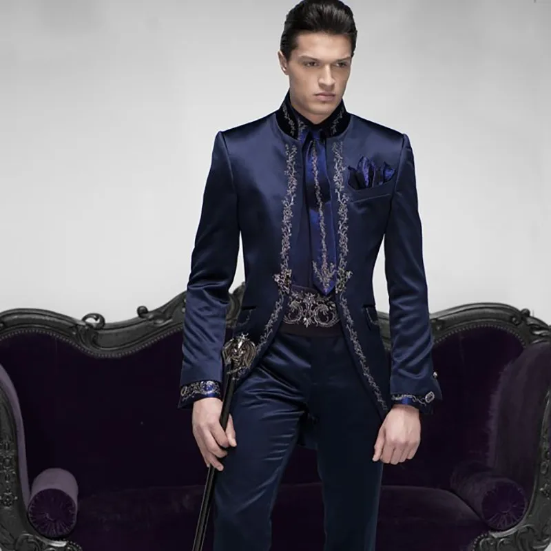 

Italian Long Jacket Embroidery Navy Blue Stain Tailcoat Wedding Suits For Men Slim Fit Costume Homme Mariage Custom 3 Piece Suit