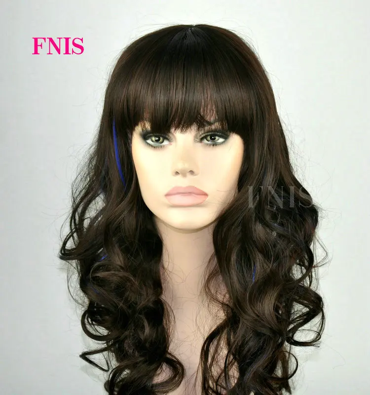 Fenis Branded Women Fashion Dark Brown Hair Highlights Blue Curly Wave Wigs With Neat Bangs Lolita Wig Eros Fwig125
