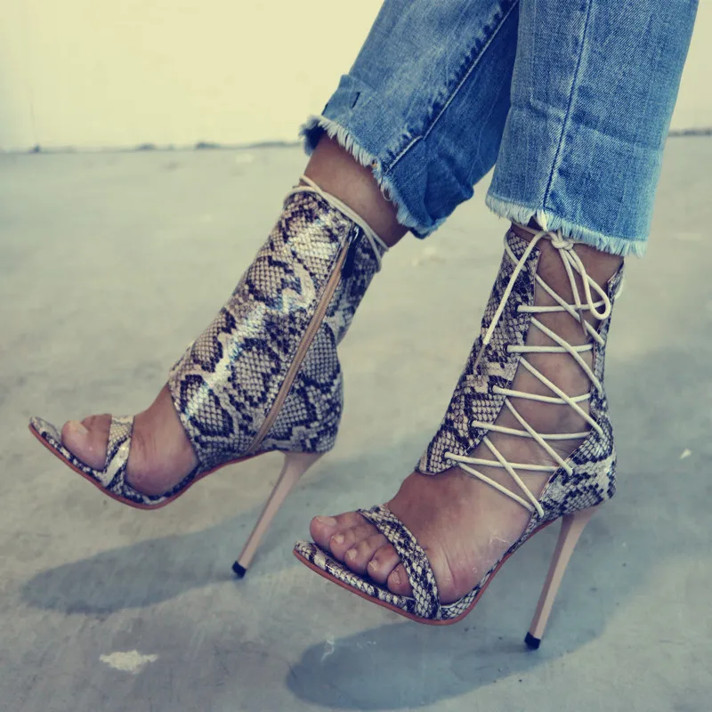 

STAN SHARK Snakeskin Pattern Women Pumps High Heels Peep Toe Lace up Cross-tie Sexy High Heels Women Summer Party Shoes