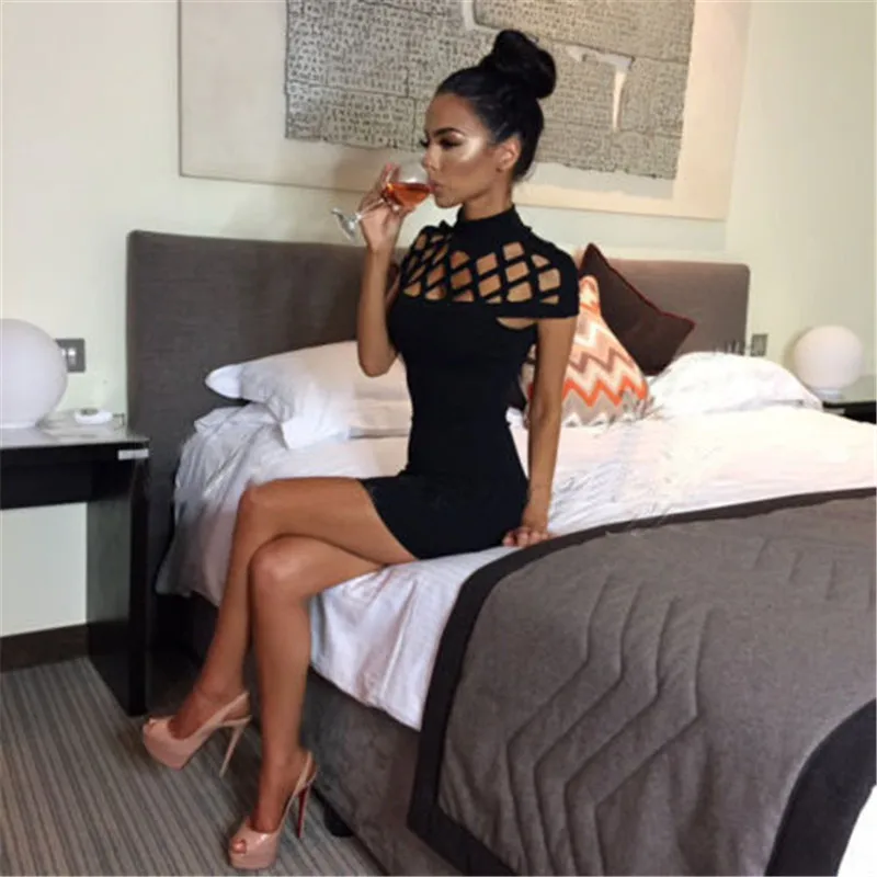 New Fashion Womens Sexy Hollow Out High Neck Dress Ladies Bodycon Slim Short Sleeve Evening Party Pencil Mini Dress
